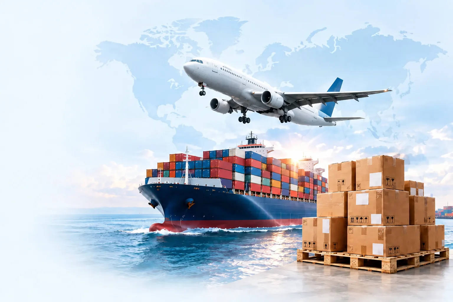 Ilustración de importación desde China hacia Colombia con mapa mundial, avión de carga, buque portacontenedores y pallet de cajas